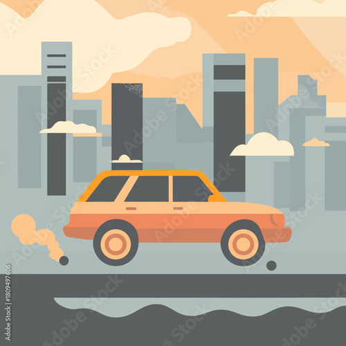 Flat minimalist vector illustration of orange station wagon car emitting exhaust smoke driving on urban road with city skyscrapers and clouds background
