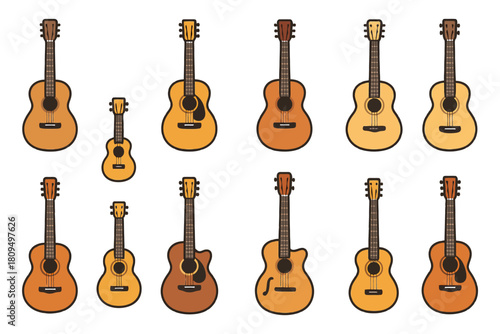 Collection of acoustic guitars and ukuleles in various sizes and colors.