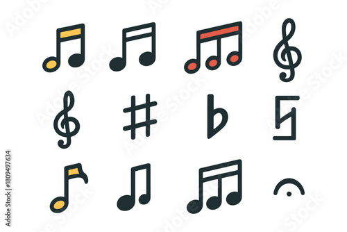 Musical symbols collection: notes, clefs, and accents.
