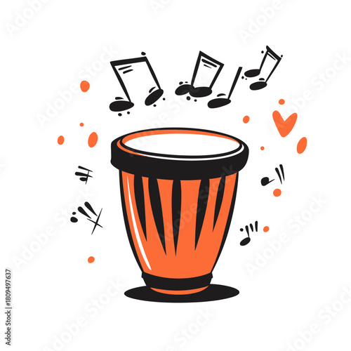 Minimalist vector illustration of orange and black djembe drum with floating musical notes and abstract sound symbols in simple flat style