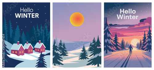 winter season landscapes. Pine trees in the first plan and village and forest under the snow in the background. Handmade drawing vector illustration