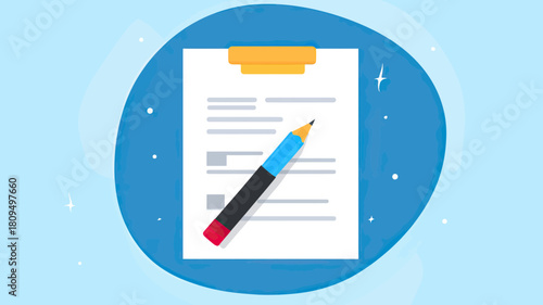 Minimalist flat style vector illustration of a pencil and checklist document on blue abstract background for task management and note taking concept
