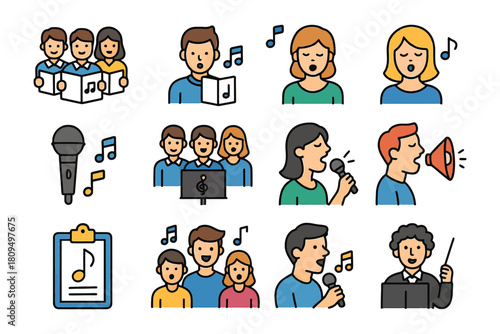 Cartoon singing icons: people singing with microphone and musical notes.