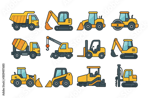 Collection of cartoon construction vehicles including excavator and bulldozer.