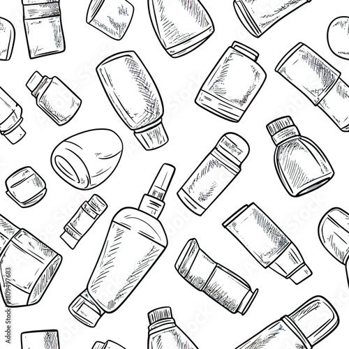 Seamless hand drawn pattern of diverse cosmetic containers and beauty product bottles in sketch style for makeup and skincare backgrounds and textile design