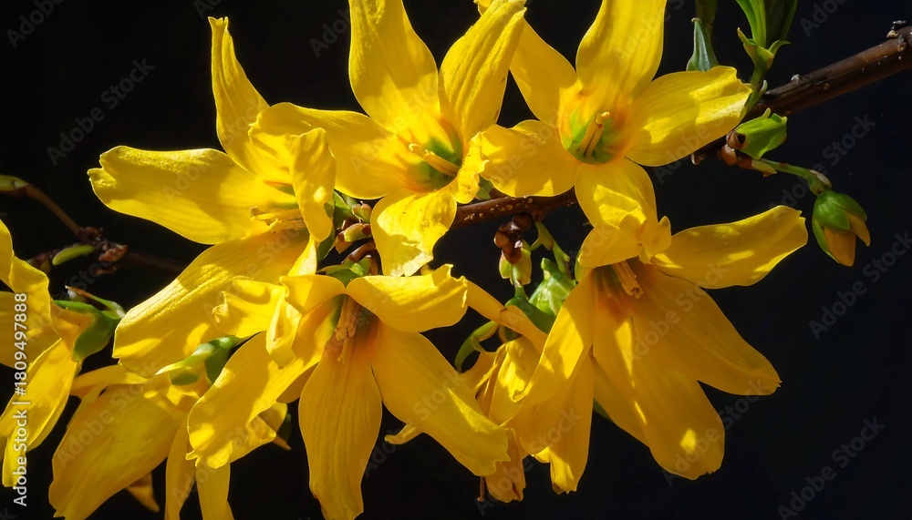 Obraz premium Close-up of bright yellow flowers blooming on a thin branch against a dark, blurred background. Sunlight illuminates the delicate petals