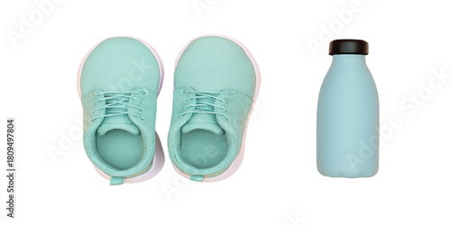 Print  Minimalistic flat lay of a pair of sneakers and a water bottle.