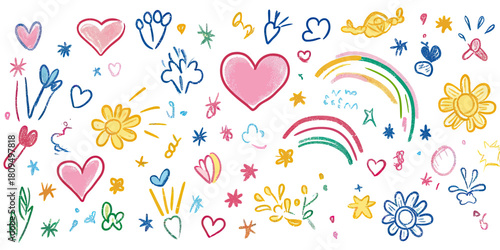 Colorful hand drawn doodle hearts flowers rainbows clouds playful childish scribble sketch vector background for kids design creative illustration elements