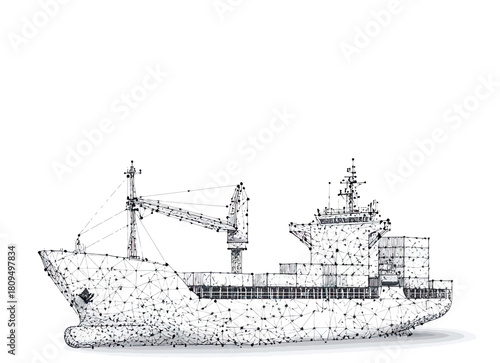 Abstract polygonal cargo ship with containers connected dots digital 3d vector illustration of container vessel logistics transport and shipping concept isolated on white background