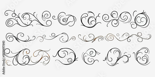 Elegant decorative swirl line flourishes collection with curled filigree ornamental elements for vintage and classical design accents in vector format