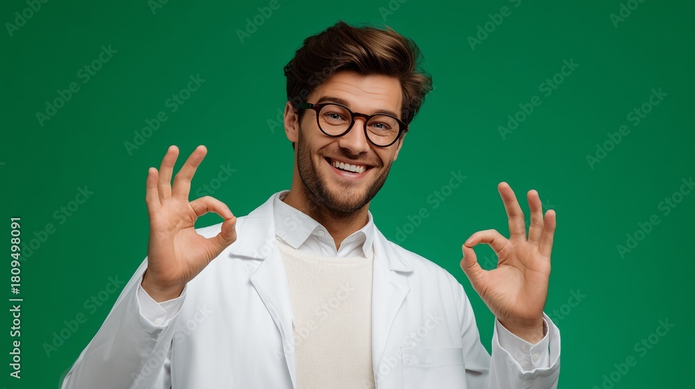 © maxximmm - In a vibrant green background, a young man in a white coat confidently makes an 'OK' gesture with both hands, reflecting positivity and professionalism. The man's gesture underline © maxximmm - In a vibrant green background, a young man in a white coat confidently makes an 'OK' gesture with both hands, reflecting positivity and professionalism. The man's gesture underline