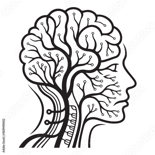 Abstract illustration of a human head profile with a treelike brain structure
