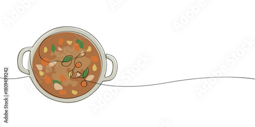 Minimal one line illustration of a pot of vegetable soup viewed from above, filled with colorful ingredients in a simple, warm style