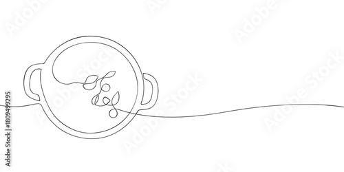 Minimalist line art illustration of a cooking pot with side handles, viewed from above, containing a few stylized herbs or leaves floating inside