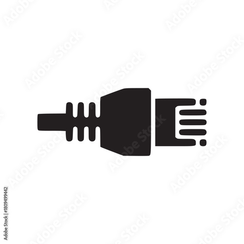 A black ethernet cable connector icon isolated on a white background in a simple graphic style
