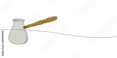A traditional cezve coffee pot with a long wooden handle, used for brewing Turkish or Arabic coffee, drawn in a simple continuous line illustration style
