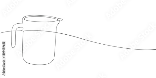 A minimalist line art drawing of a tall measuring cup with a handle and spout, used for pouring and measuring liquids