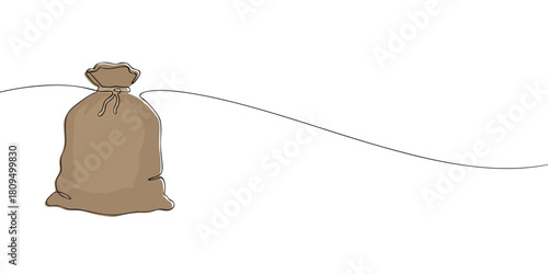 Tied burlap sack drawn in simple vector style with a wavy line on a white background, suitable for packaging, storage, or minimalist design themes