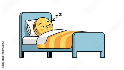A yellow circular character sleeps in a blue bed