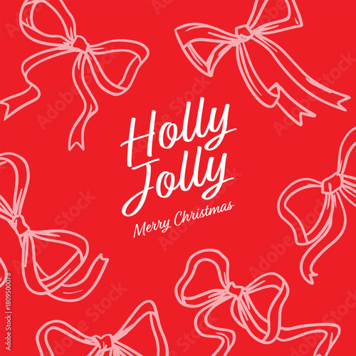 Hand drawn vintage holly jolly Christmas ribbon background illustration