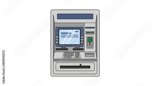 An illustration of a grey ATM machine with a blue screen and keypad