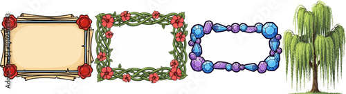 Decorative frames and a willow tree illustration