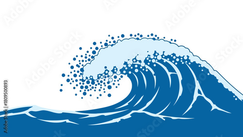 Blue wave with white foam and scattered dots against a white background