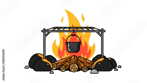 Campfire with a pot hanging over it surrounded by rocks