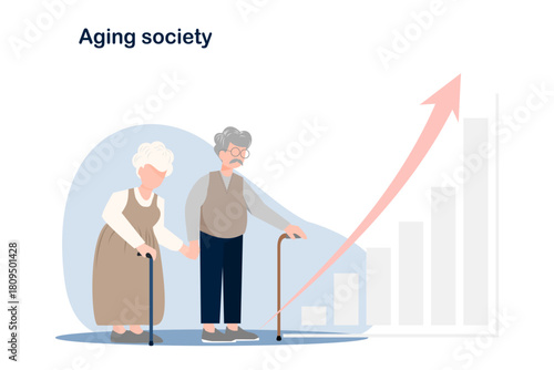 Flat illustration, a graph showing a continuously rising aging society. An elderly couple holds hands amidst a graph showing a continuously rising aging society rate.