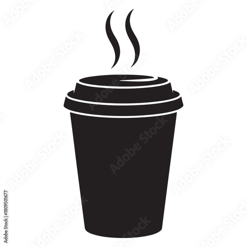 Black silhouette of a steaming hot coffee cup with a lid