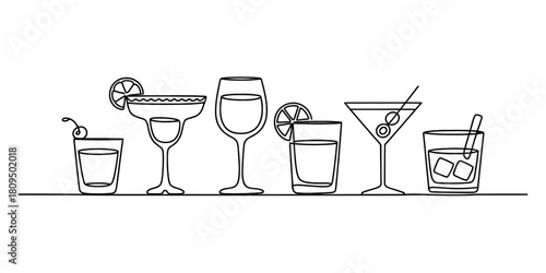 Continuous line drawing of various alcoholic cocktails and beverages in different types of drinking glasses with garnishes, black and white minimal art.