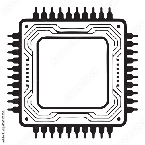 Closeup view of a black and white illustration of a computer microchip with pins