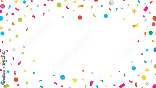 Festive confetti and streamers against a white background