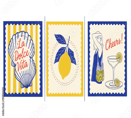Illustration of a vibrant collection of vintageinspired italian summer illustrations isolated on white background, featuring lemons, seashells, and cocktails for a taste of la dolce vita