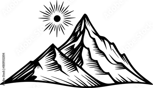 Hand drawn mountain peaks with sun in vintage engraving black and white illustration