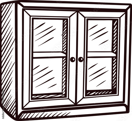 hand drawn wooden cabinet with glass doors isolated on white background