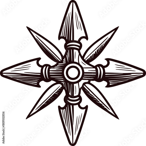 Engraved vintage shuriken with six arrowhead blades in detailed black and white etching illustration