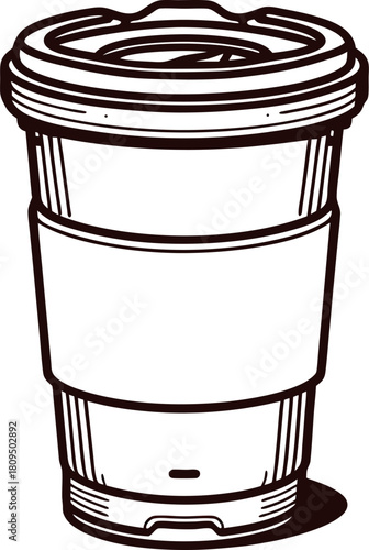 Minimalist hand drawn disposable coffee cup with lid and sleeve isolated on white background illustration