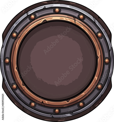 Steampunk circular metal frame with rivets and weathered texture