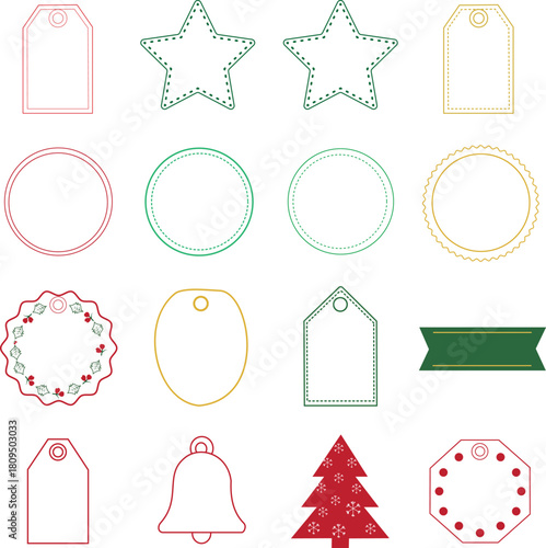 Minimalist Outline Gift Tags and Labels Set. Clean Vector Christmas Shapes Collection with Subtle Color Fill.