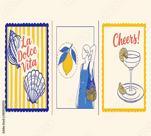 Illustration of a vibrant collection of vintageinspired italian summer illustrations isolated on white background, featuring lemons, seashells, and cocktails for a taste of la dolce vita