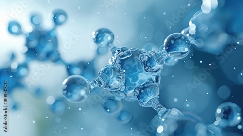 Pentagonal Molecule Light Blue Background gel spheres representing skincare ingredients like coenzyme Q10 and hyaluronic acid, with a clean, abstract background for dermatology and beauty applications