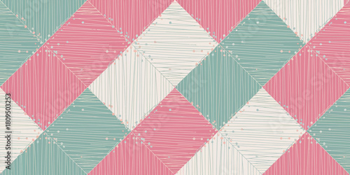 Geometric pattern with pink, white, and mint green squares and vertical line designs throughout image