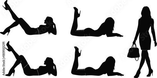 Black Silhouette Set of Stylish Women in High Heels, Posing in Reclining, Prone, and Standing Positions, Illustrating Fashion, Glamour, and Elegant Style