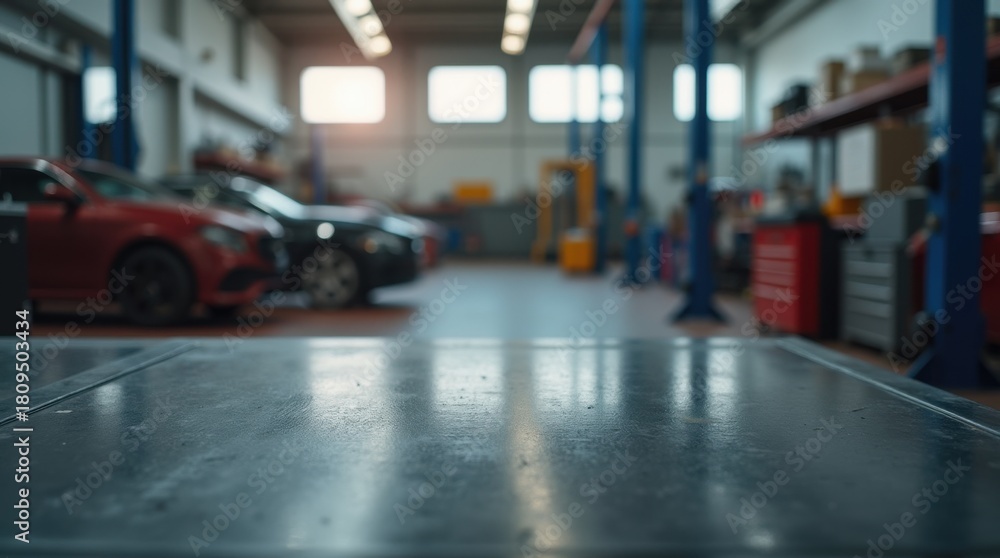 Obraz premium Black metal table surface in a car repair workshop. Blurred background shows the shop interior with tools shelves windows. Workshop table for product display or advertisement.