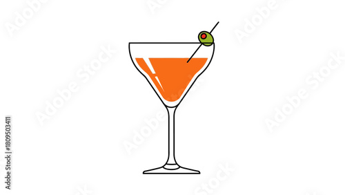 Martini glass with orange liquid and an olive garnish on a white background