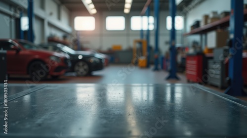 Wallpaper Mural Black metal table surface in a car repair workshop. Blurred background shows the shop interior with tools shelves windows. Workshop table for product display or advertisement. Torontodigital.ca