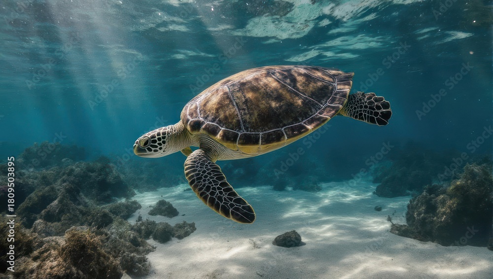 Obraz premium Graceful green sea turtle swimming in clear sunlit ocean water.
