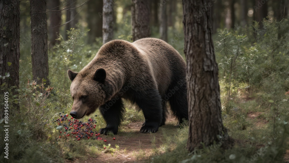 Fototapeta premium Majestic Brown Bear Foraging in a Dense Forest with Sunlight Filtering Through Trees.