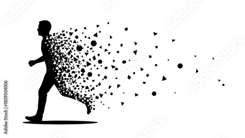 Silhouette of a runner dissolving into geometric shapes